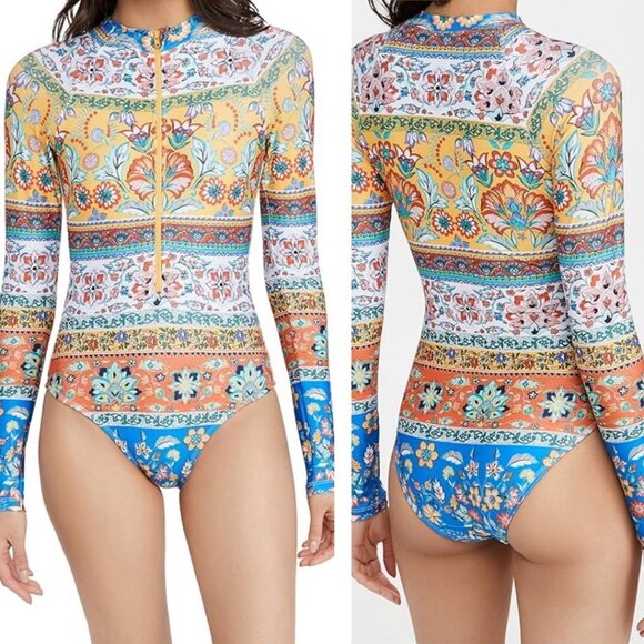 Shoshanna Batik Floral Long Sleeve Rashguard One Piece Swimsuit 6  Blue Yellow - Picture 1 of 8